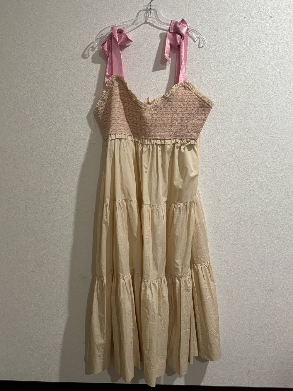 Cream Tiered Sundress with Pink Smocked Bodice and Bow Straps